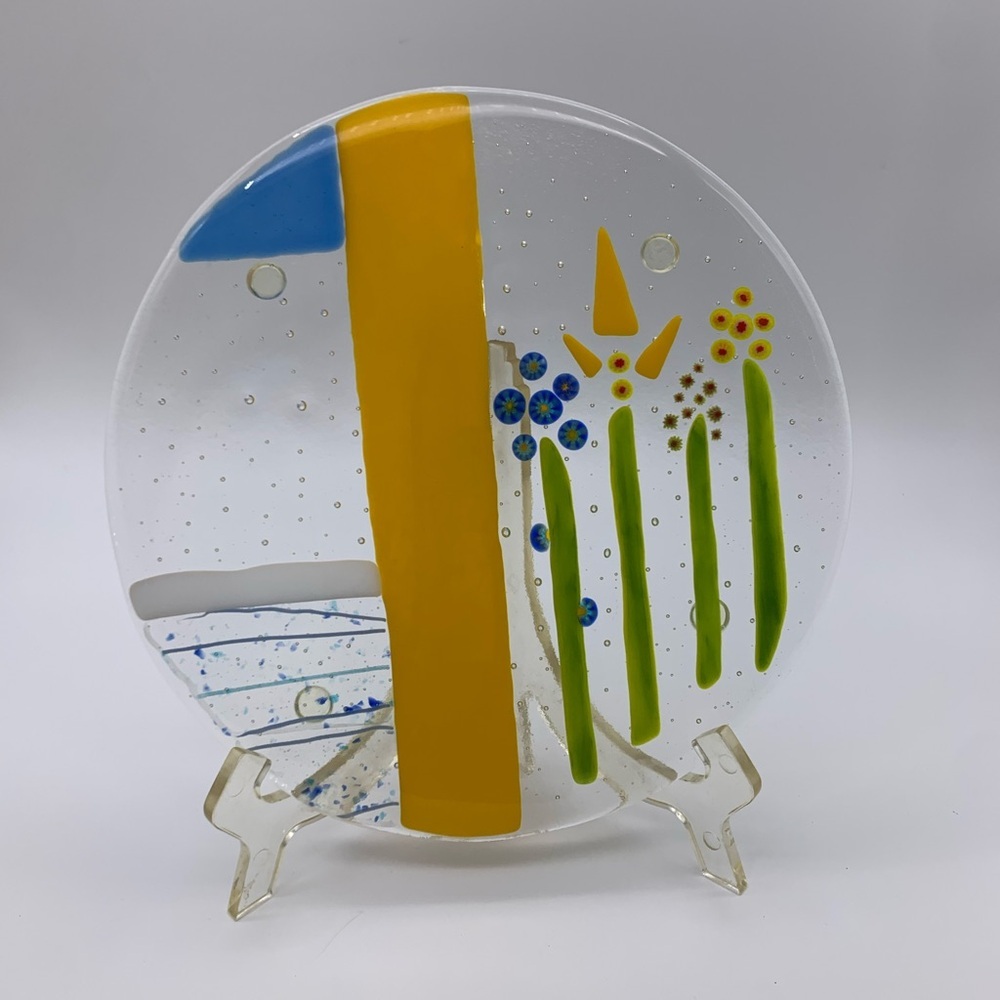 Fused Art Glass Footed Trivet Potholder With Millefiori Flowers SIGNED by Artist
